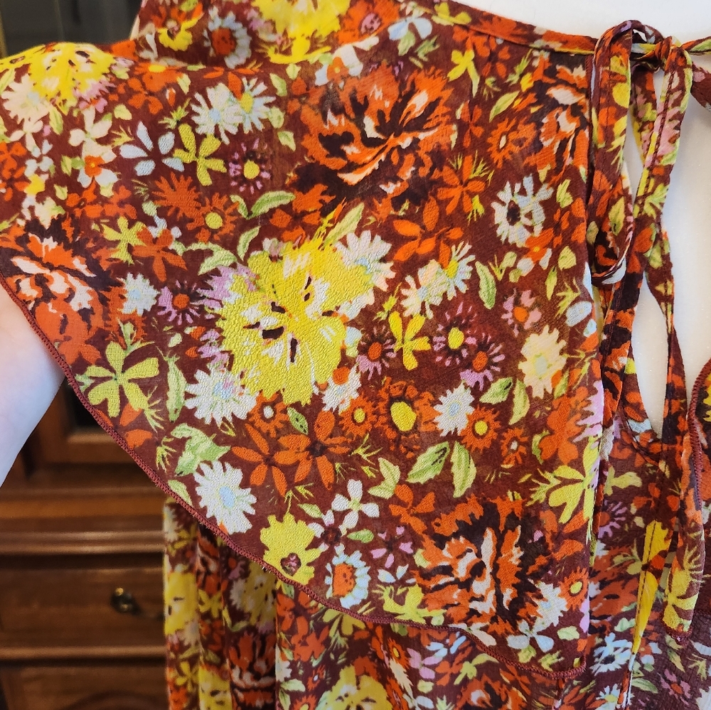 Free People Say It To Me Flutter Sleeve Bodysuit Flowy Boho Red Sienna SZ Large - Picture 16 of 16